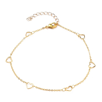 Brass Cable Chain Anklets, with Heart Links and Lobster Claw Clasps, Golden, 9-7/8 inch(25cm)