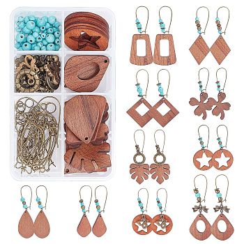 SUNNYCLUE Bohemia Dangle Hoop Earring DIY Making Kit, Including Walnut Wooden Pendants, Synthetic Turquoise Beads, Alloy Beads & Linking Rings, Brass Jump Rings & Hoop Earring Findings, Plastic Pendants, Mixed Color, Pendants: 22pcs/set