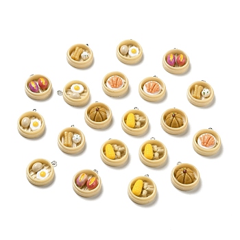 Opaque Resin Pendants, Imitation Food Charm, with Platinum Tone Iron Loops, Steamed Breakfast Mixed Shapes, Mixed Color, 28x23.5x11~12mm, Hole: 2x2.5mm