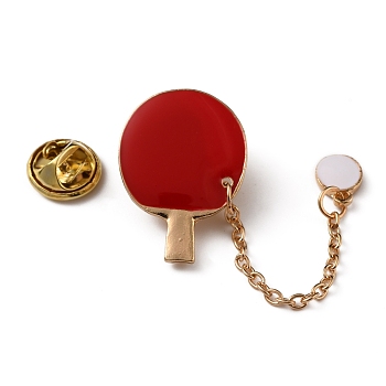 Table Tennis with Chain Dangle Enamel Pin, Sport Item Zinc Alloy Badge for Jackets Hats Bags, Golden, Red, 73mm, Pin: 1mm