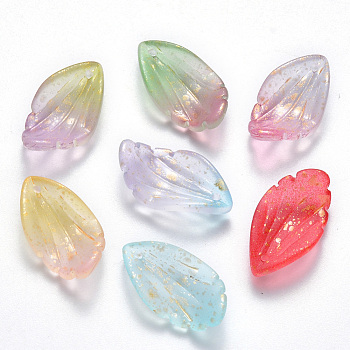 Spray Painted Glass Pendants, with Glitter Powder, Frosted, Leaf, Mixed Color, 22.5x12.5x5.5mm, Hole: 1mm