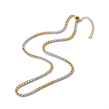 Two Tone 304 Stainless Steel Curb Chain Necklaces, with Brass Chain Extender, Golden & Stainless Steel Color, 44.5cm