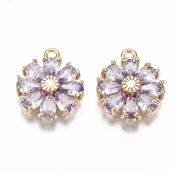 Real 18K Gold Plated Brass Micro Pave Cubic Zirconia Pendants, Nickel Free, Flower, Lavender, 15x12.5x3.5mm, Hole: 1.4mm