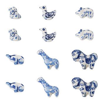12Pcs 6 Styles Handmade Porcelain Beads, Animals, Blue and White Porcelain, Mixed Shapes, 11~22.5x14~28x8.5~11.5mm, Hole: 1.6~2mm, 2pcs/style