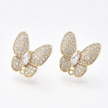 Brass Micro Pave Cubic Zirconia Stud Earring Findings, with Loop, Butterfly, Clear, Nickel Free, Real 18K Gold Plated, 15.5x15.5mm, Hole: 1mm, Pin: 0.8mm