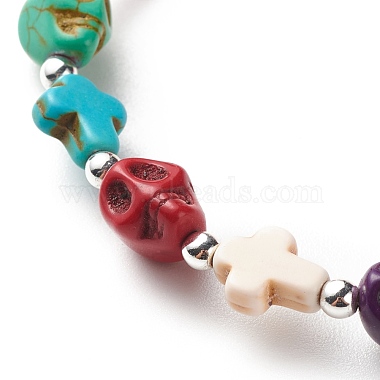 Synthetic Turquoise(Dyed) Cross & Skull Beaded Stretch Bracelet(BJEW-JB08452-02)-4