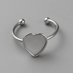 304 Stainless Steel Open Cuff Ring Components, Bezel Cup Ring Settings, Heart, Stainless Steel Color, Inner Diameter: 19mm, Heart Tray: 9.5x10mm(STAS-WH0048-05C-P)