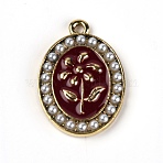 Alloy Enamel Pendants, with Plastic Imitation Pearl Beads, Oval with Rose Pattern, Light Gold, Dark Red, 24x17x2.5mm, Hole: 1.5mm(ENAM-TAC0001-68)