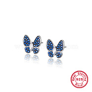 Butterfly Rhodium Plated 925 Sterling Silver Micro Pave Cubic Zirconia Stud Earrings, Blue, 9.4mm(DX6488-2)