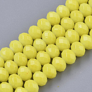 Opaque Spray Painted Glass Beads Strands, Faceted, Rondelle, Yellow, 8x6mm, Hole: 1.2mm, about 68~72pcs/strand, 15.94 inch~17.52 inch(X-DGLA-T001-005J)