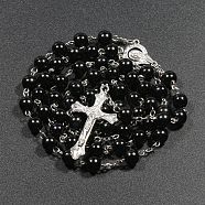Plastic Imitation Pearl Rosary Bead Necklace for Easter, Alloy Crucifix Cross Pendant Necklace with Iron Chains, Black, 27.56 inch(70cm)(PW23031884657)