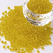 Glass Seed Beads, Transparent, Round, Round Hole, Yellow, 8/0, 3mm, Hole: 1mm, about 1111pcs/50g, 50g/bag, 18bags/2pounds(SEED-US0003-3mm-10)