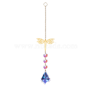 Glass Pendant Decorations, Suncatchers, with Brass Findings & Octagon Glass Beads, for Home Decorations, Dragonfly Pattern, 300mm(DJEW-PW0008-15C)