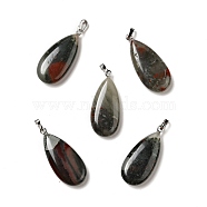Natural Bloodstone Pendants, with Platinum Tone Brass Findings, Teardrop, 33x15x7~7.5mm, Hole: 5x3.5mm(G-P474-01P-09)