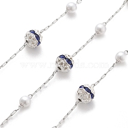 Handmade ABS Imitation Pearl & Rhinestone Round Chains, for Necklaces Bracelets Making, with 304 Stainless Steel Chains, Soldered, with Spool, Dark Blue, Link: 2.5x0.8x0.3mm, about 16.40 Feet(5m)/Roll(CHS-L028-03P-04)