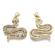 Brass Micro Pave Cubic Zirconia Pendants, Nickel Free, Snake, Real 16K Gold Plated, Colorful, 24x21.5x3mm, Hole: 5x3.5mm(ZIRC-S067-034A-NF)