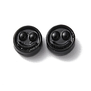 Spray Painted Alloy Beads, Flat Round with Smiling Face, Black, 7.5x4mm, Hole: 2mm(PALLOY-M215-16A)
