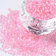 8/0 Glass Seed Beads, Inside Colours, Hot Pink Lined, about 3mm in diameter, hole: 0.8mm, about 10000pcs/bag(SDB3mm137)