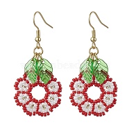 Handmade Seed Beads Dangle Earrings, Flower and Leaf, Red, 53.5x24mm(EJEW-MZ00143-02)