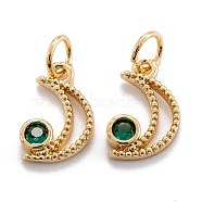 Real 18K Gold Plated Brass Micro Pave Cubic Zirconia Charms, with Jump Ring, Long-Lasting Plated, Moon, Green, 12x7.5x2.5mm, Jump Ring: 5x0.7mm, 3.6mm inner diameter(ZIRC-M114-52G-02)