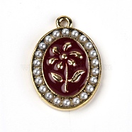 Alloy Enamel Pendants, with Plastic Imitation Pearl Beads, Oval with Rose Pattern, Light Gold, Dark Red, 24x17x2.5mm, Hole: 1.5mm(ENAM-TAC0001-68)