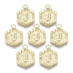 Alloy Pendants, Cadmium Free & Nickel Free & Lead Free, Hexagon with Letter, Real 18K Gold Plated, Letter.J, 17.5x13x2mm, Hole: 2mm(PALLOY-N157-003J-NR)