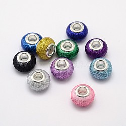 Glitter Powder Handmade Lampwork Large Hole Rondelle European Beads, with Double Silver Color Plated Brass Cores, Mixed Color, 14x9mm, Hole: 4.5~5mm(LPDL-L005-M)