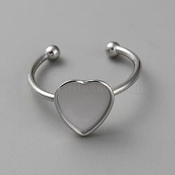 304 Stainless Steel Open Cuff Ring Components, Bezel Cup Ring Settings, Heart, Stainless Steel Color, Inner Diameter: 19mm, Heart Tray: 9.5x10mm(STAS-WH0048-05C-P)