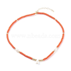 Natural Shell Initial Pendant Necklaces, with Synthetic Turquoise Beads and Natural Pearl Beads, Letter A, Golden, Orange Red, 17.12 inch(43.5cm)(NJEW-JN03405-04)