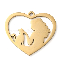 304 Stainless Steel Pendants, Heart with Women and Cat, Golden, 27x30x1.5mm, Hole: 2mm(STAS-R116-06G)