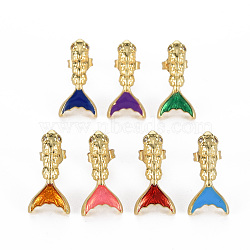 Cute Goldfish Real 16K Gold Plated Enamel Earrings for Girl Women, Brass Micro Pave Clear Cubic Zirconia Stud Earrings, Cadmium Free & Nickel Free & Lead Free, Mixed Color, 17.5x9mm, Pin: 0.8mm(EJEW-Q023-012-NR)