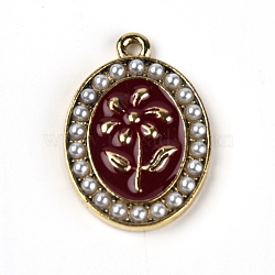 Alloy Enamel Pendants, with Plastic Imitation Pearl Beads, Oval with Rose Pattern, Light Gold, Dark Red, 24x17x2.5mm, Hole: 1.5mm(ENAM-TAC0001-68)