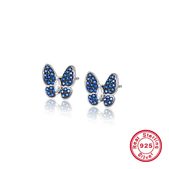 Butterfly Rhodium Plated 925 Sterling Silver Micro Pave Cubic Zirconia Stud Earrings, Blue, 9.4mm