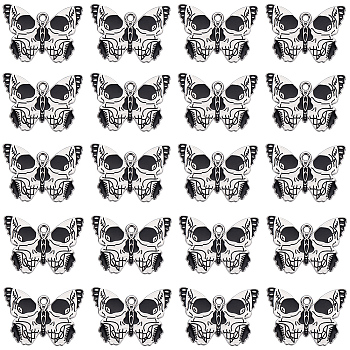 Halloween Alloy Enamel Pendants, Butterfly with Skull Charm, Platinum, Black, 20x28x1mm, Hole: 2mm, 20pcs/box