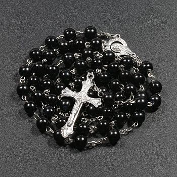 Plastic Imitation Pearl Rosary Bead Necklace for Easter, Alloy Crucifix Cross Pendant Necklace with Iron Chains, Black, 27.56 inch(70cm)