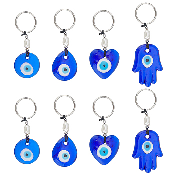 8Pcs 4 Style Natural Cultured Freshwater Pearl Loose Beads & Handmade Lampwork Evil Eye Pendant Keychains, with 304 Stainless Steel Findings, Teardrop/Flat Round/Heart/Hamsa Hand, Blue, 7.2~9.3cm, Pendant: 30~50x29~36x5~6.5mm, 2pcs/style