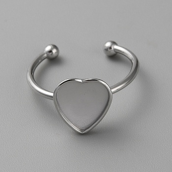 304 Stainless Steel Open Cuff Ring Components, Bezel Cup Ring Settings, Heart, Stainless Steel Color, Inner Diameter: 19mm, Heart Tray: 9.5x10mm