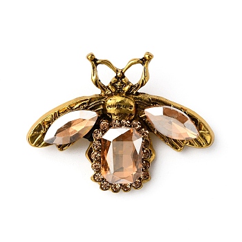 Rhinestone Bee Brooch Pin, Antique Golden Alloy Animal Badge for Backpack Clothes, Light Peach, 35x47x6.5mm