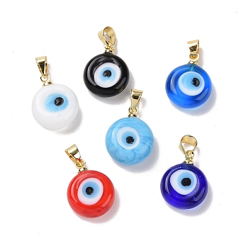 Handmade Lampwork Evil Eye Pendants, with Real 18K Gold Plated Brass Findings, Cadmium Free & Lead Free, Mixed Color, 15x12x5mm, Hole: 4.5x3.5mm