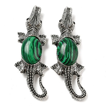 Dual-use Items Alloy Crocodile Brooch, with Natural Green Aventurine, Antique Silver, 67.5x24x10mm, hole: 4x3.5mm