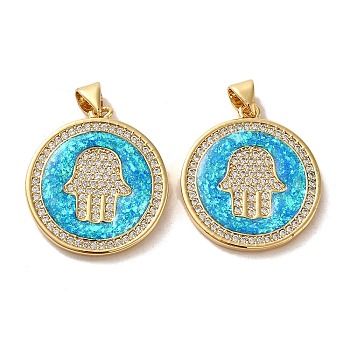 Brass Micro Pave Cubic Zirconia with Synthetic Opal Pendants, Flat Round with Hamsa Hand, Real 18K Gold Plated, 24.5x21.5x2.5mm, Hole: 5x3.5mm