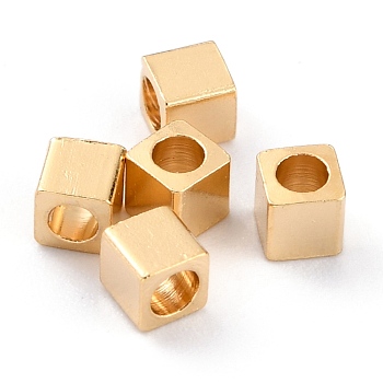 Brass Spacer Beads, Long-Lasting Plated, Cube with Round Hole, Real 24K Gold Plated, 2.5x2.5x2.5mm, Hole: 1.6mm