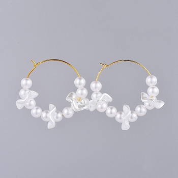 Acrylic Imitated Pearl Hoop Earrings, with Brass Earring Hoops, White, 40x37x13mm, Pin: 0.7mm