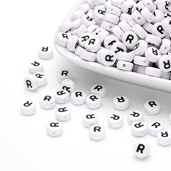 Acrylic Beads, with Horizontal Hole, Letter, Flat Round, Letter.R, 7x4mm, Hole: 1mm, about 3500pcs/500g
