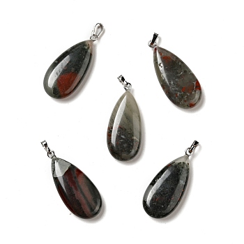 Natural Bloodstone Pendants, with Platinum Tone Brass Findings, Teardrop, 33x15x7~7.5mm, Hole: 5x3.5mm