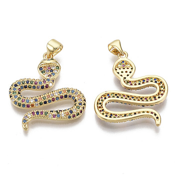 Brass Micro Pave Cubic Zirconia Pendants, Nickel Free, Snake, Real 16K Gold Plated, Colorful, 24x21.5x3mm, Hole: 5x3.5mm