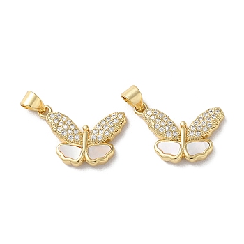 Brass Micro Pave Clear Cubic Zirconia Pendants, with Shell, Real 18K Gold Plated, Butterfly, 14x20x3mm, Hole: 5x3.5mm