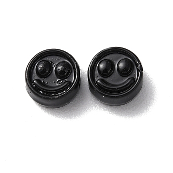 Spray Painted Alloy Beads, Flat Round with Smiling Face, Black, 7.5x4mm, Hole: 2mm