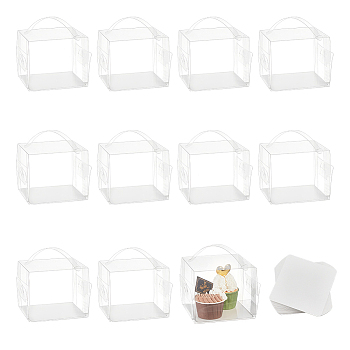 Foldable Transparent Plastic Single Cake Gift Packing Box, Bakery Cake Cupcake Box Container, with Handle and Paper, Square, Clear, Finish Product: 13x13x13cm