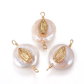 Natural Pearl Links connectors, with Cubic Zirconia and Brass Findings, Flat Round with Virgin Mary, Golden, 19~23x10~12x6~9mm, Hole: 1.6mm